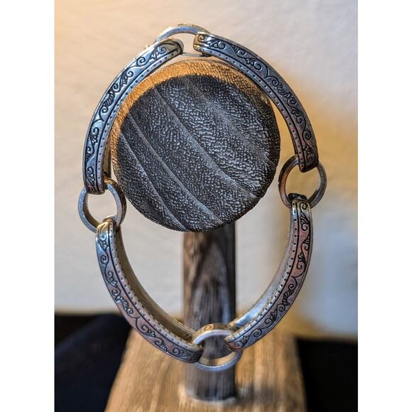 Etched Double Curved Bar Chain Link Silver Tone Bracelet W/ Fold Over Clasp - Picture 3 of 5